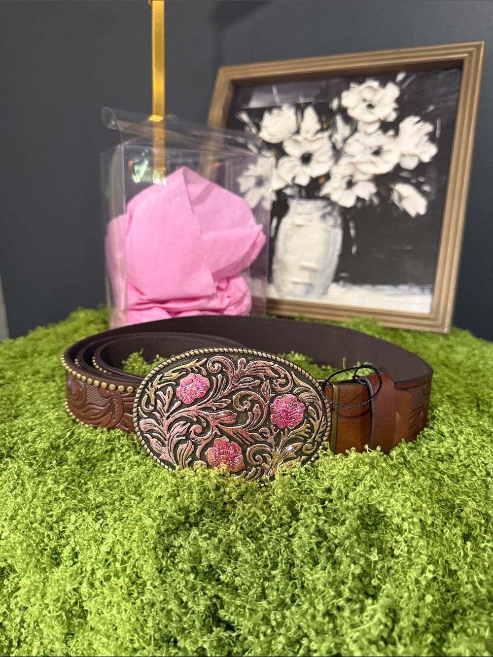 Tooled Brown Leather Belt with Pink Floral Oval Buckle